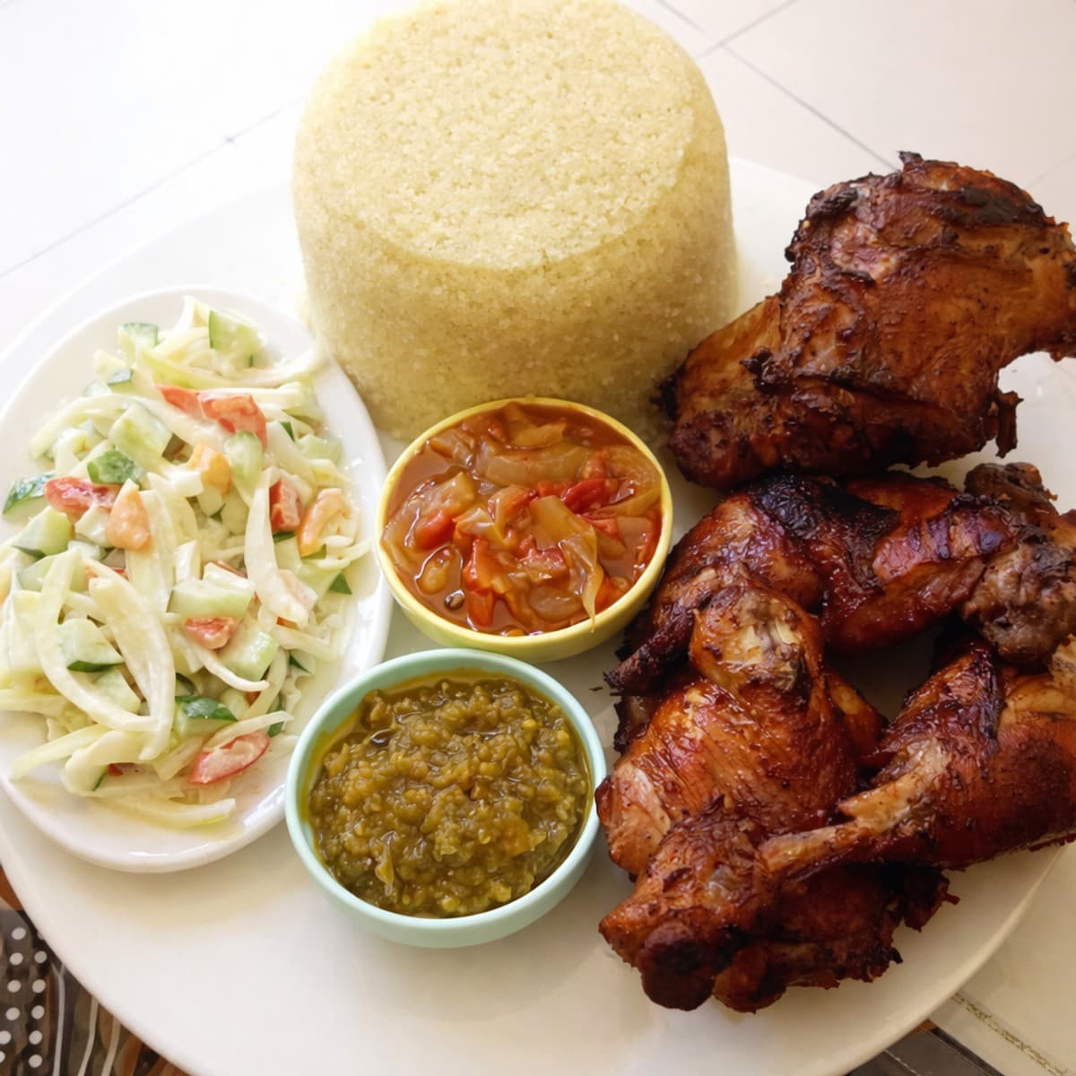 Poulet frit, marinade à la grecque/Attiéké