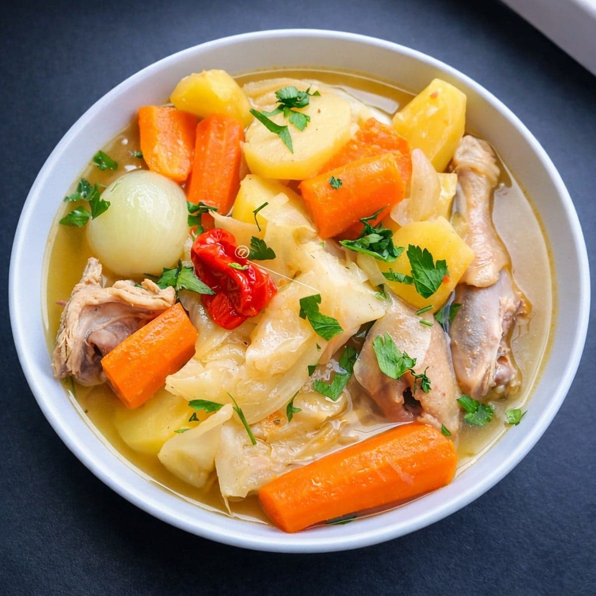 Bouillon, de poulet aux légumes bien épicé.