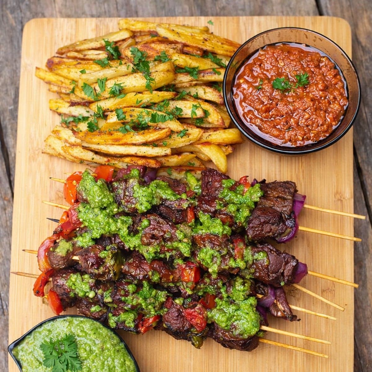 Brochettes de foie, frittes de pommes de terre au four et Sauce piquante.