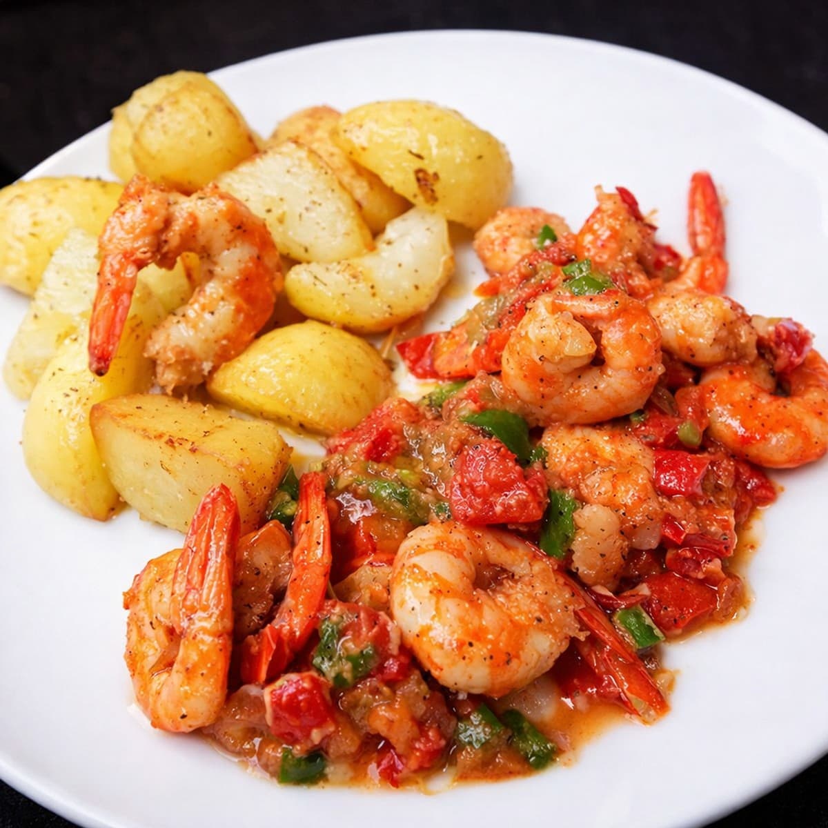 Crevettes sautées et pommes risolées.
