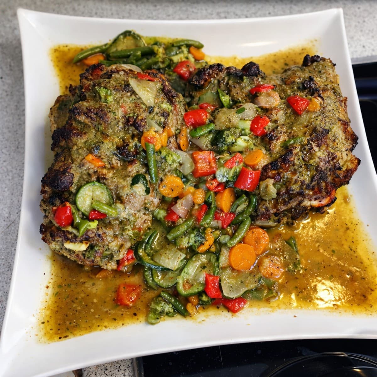 Cuisse de dinde marinée aux épices accompagnée de petits légumes