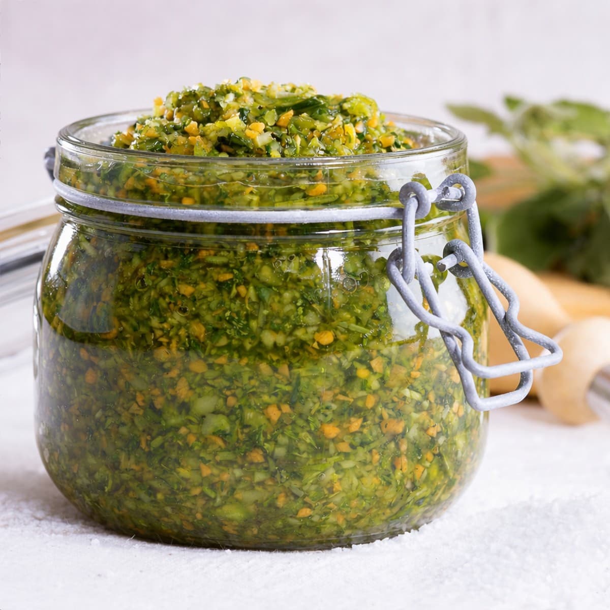 Hacher les herbes ou condiments avec du sel.