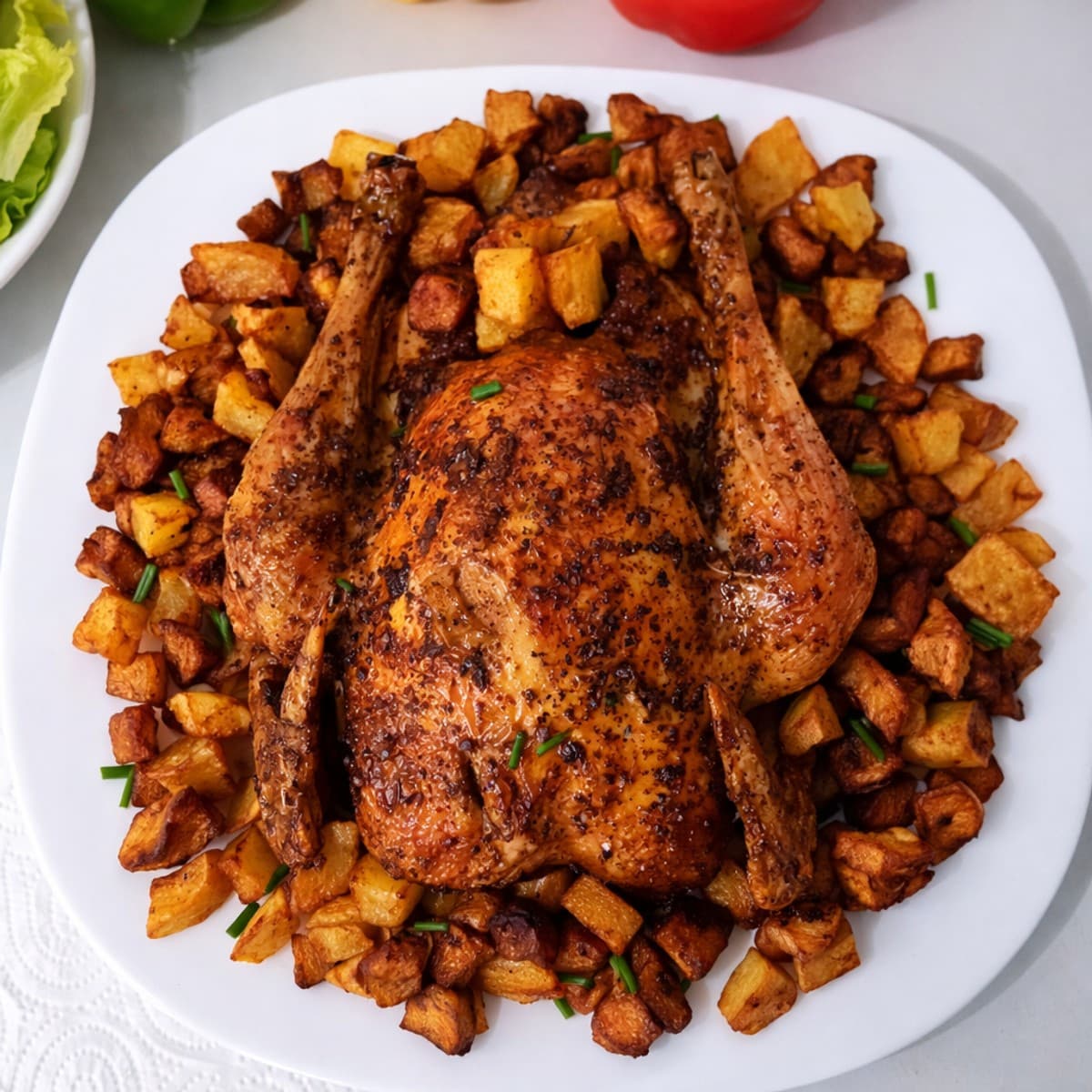 Poulet rôti avec des pommes de terre et des bananes plantains frites