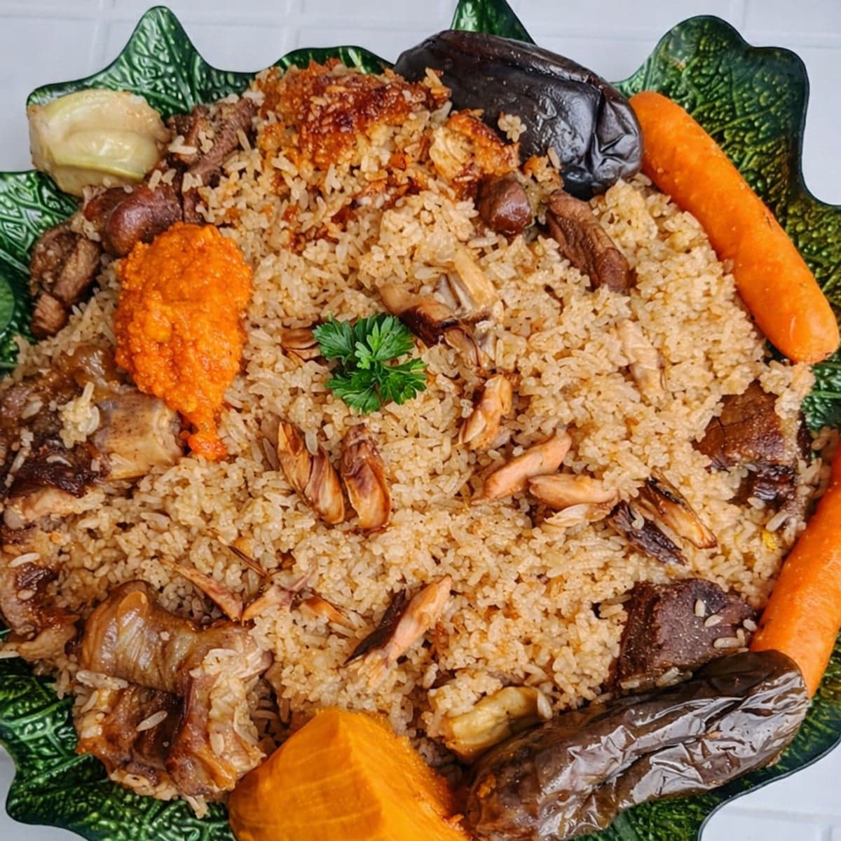 Riz gras au lait de coco viande de bœuf et maquereau émietté