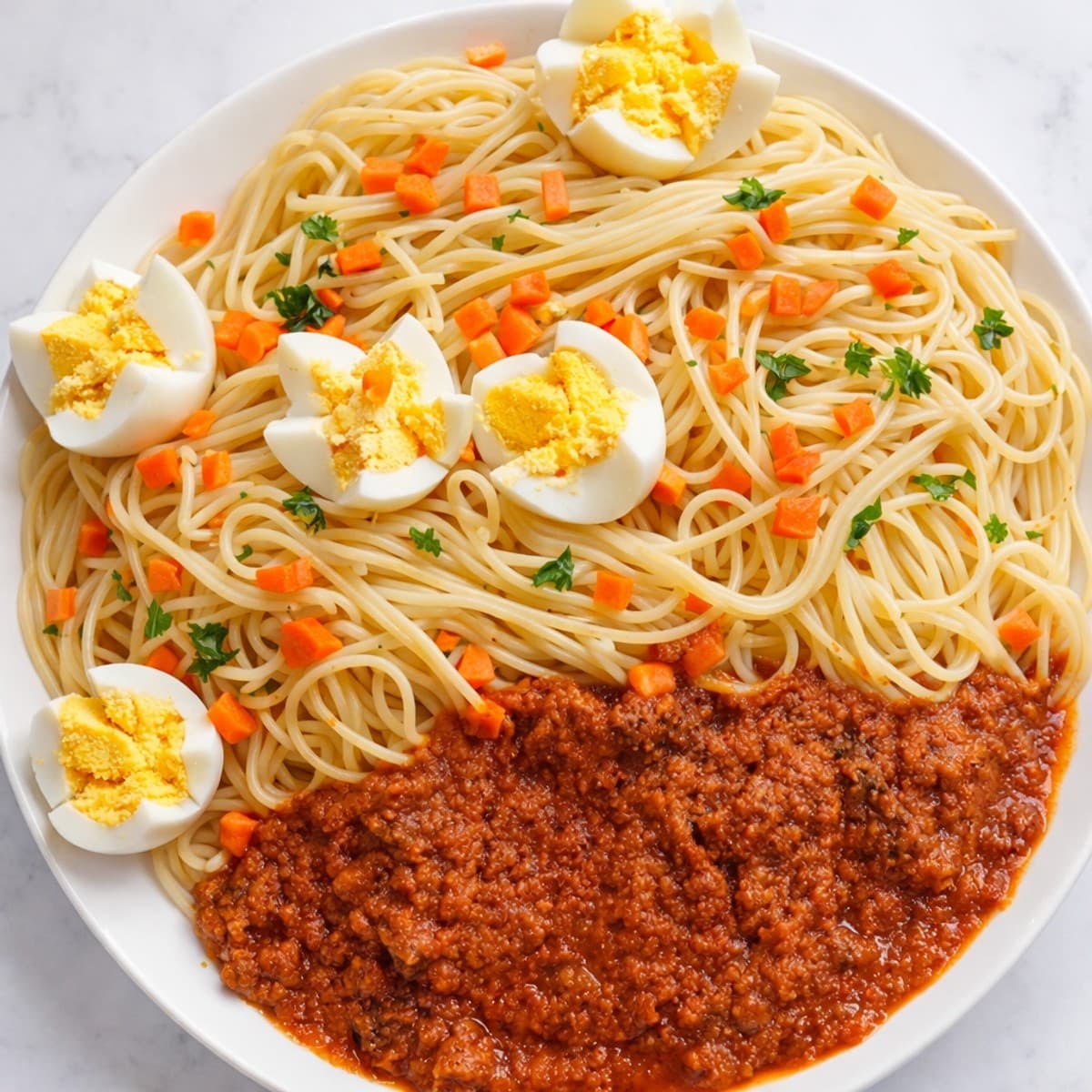 Spaghetti rognons de boeuf oeufs durs