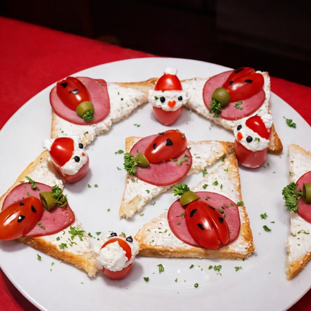 Tomate cerise au fromage frais sur lit de pain mie et jambon fumé