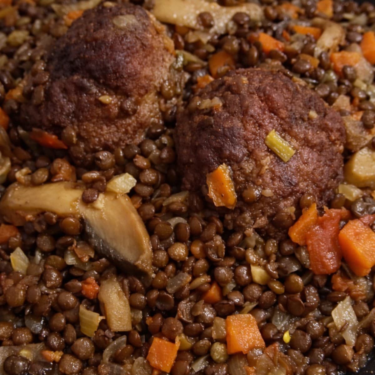 Boulette de viande aux lentilles et champignons de paris