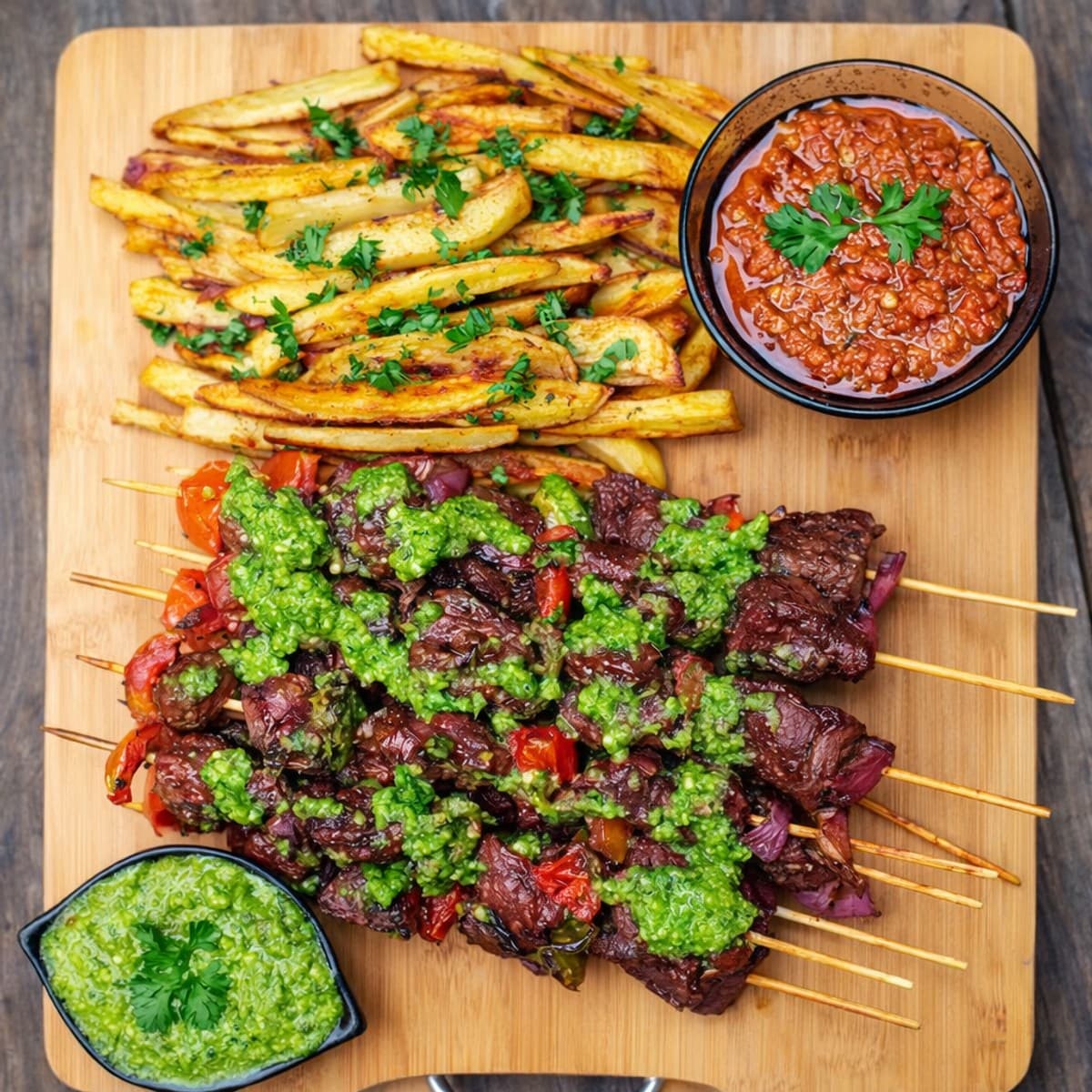 Brochettes de foie frittes de pommes de terre au four sauce piquante