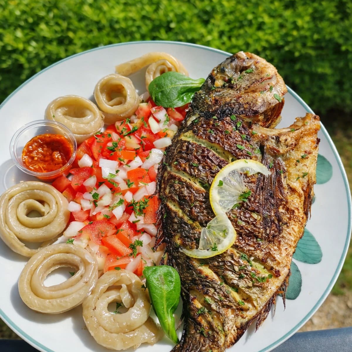 Dorade grise à la poêle avec miondos et salade de tomates et oignons