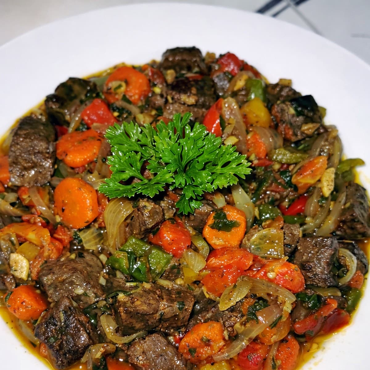 Foie de bœuf sauté aux légumes.