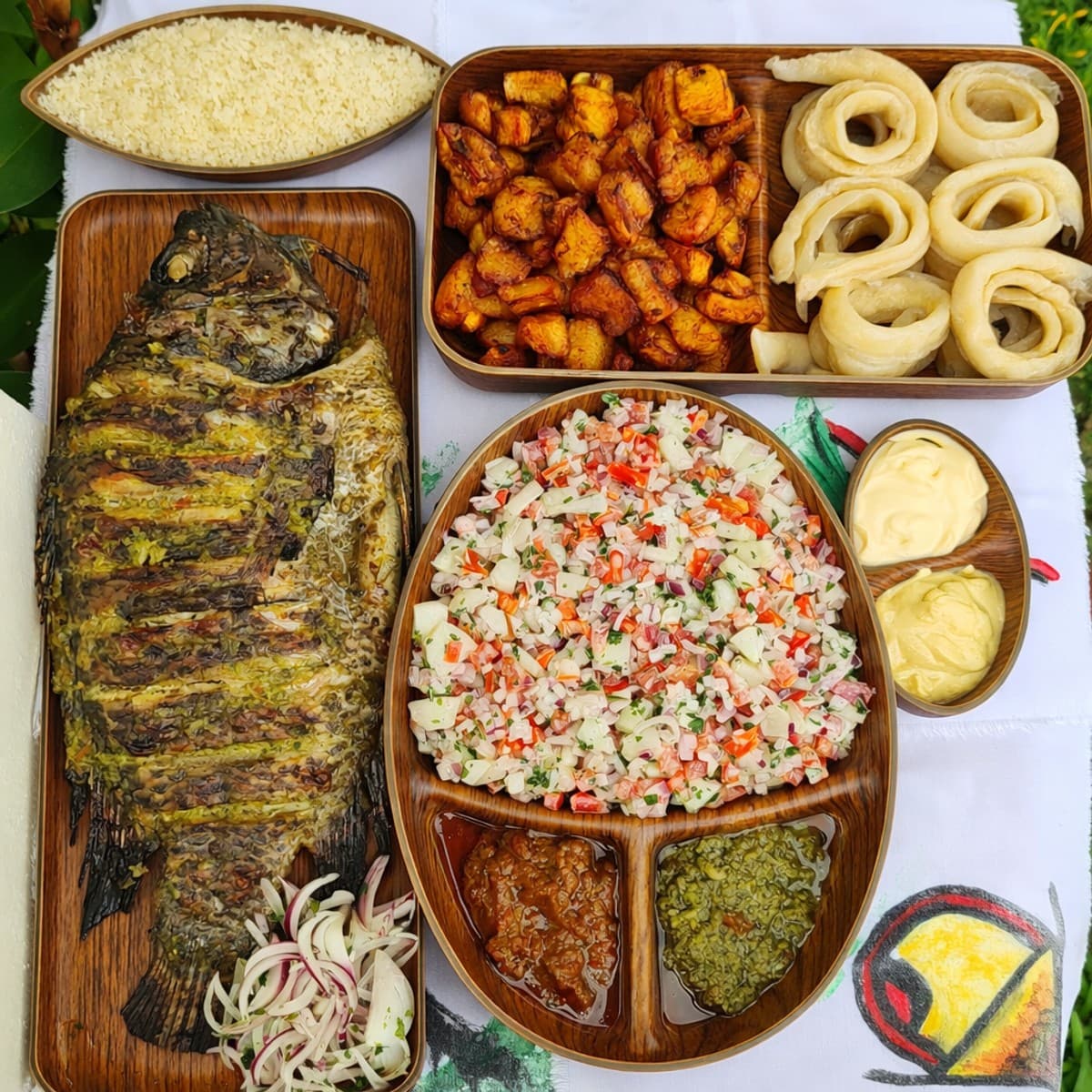 Carpe grillée et ses différents invités (alloco, atiekè ou miondo et salade de crudités) by lolo