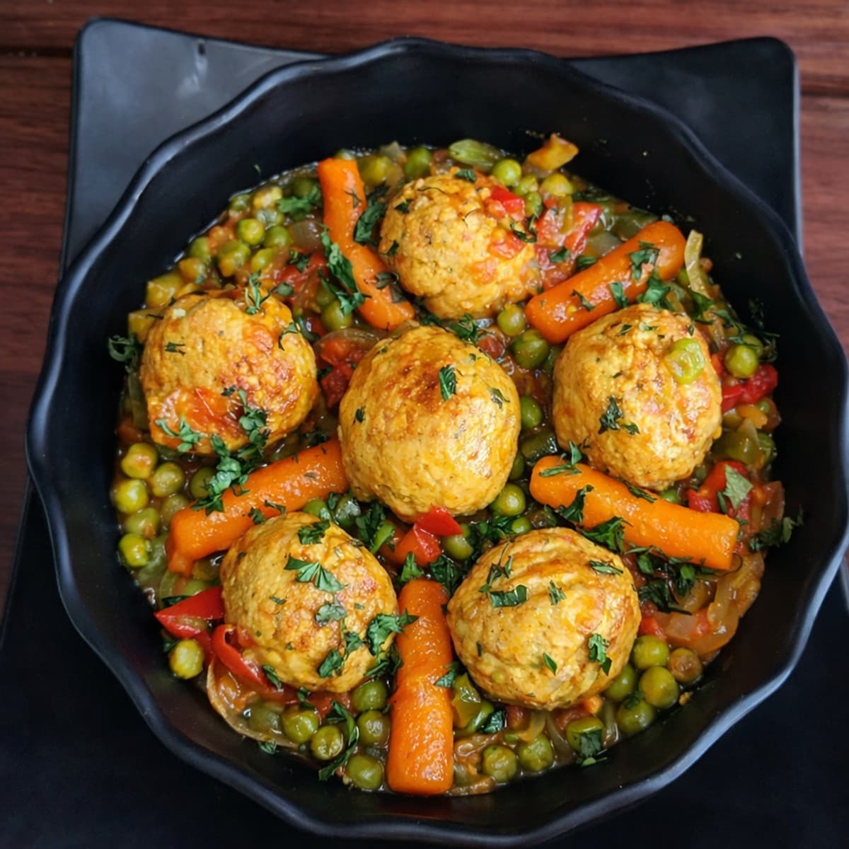 Des boulettes de poulet aux petits pois carottes.