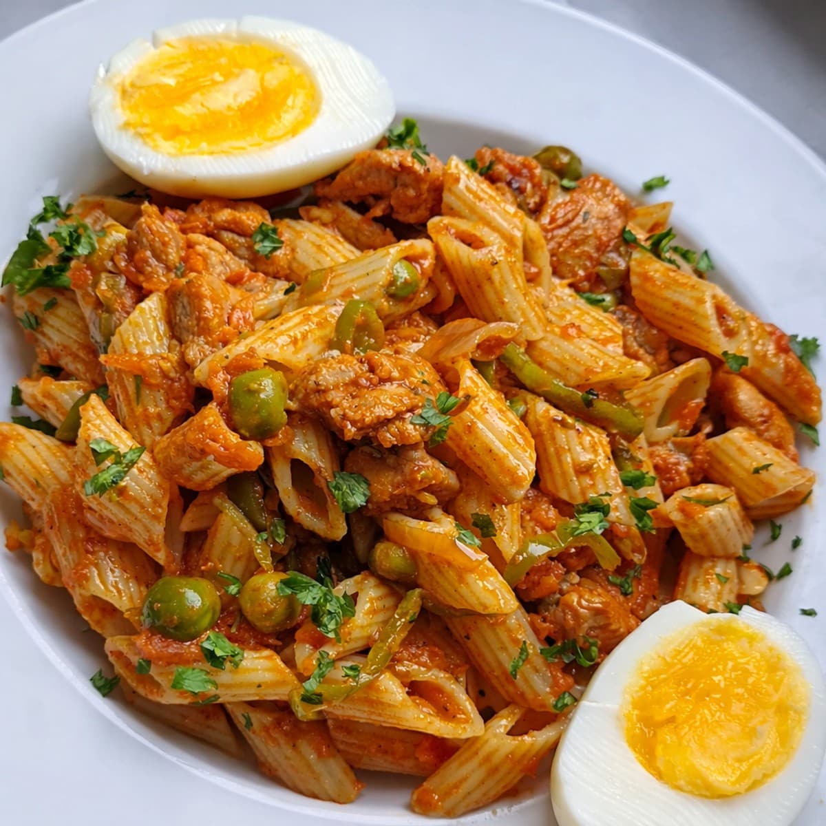 Macaroni au blanc de poulet et œufs