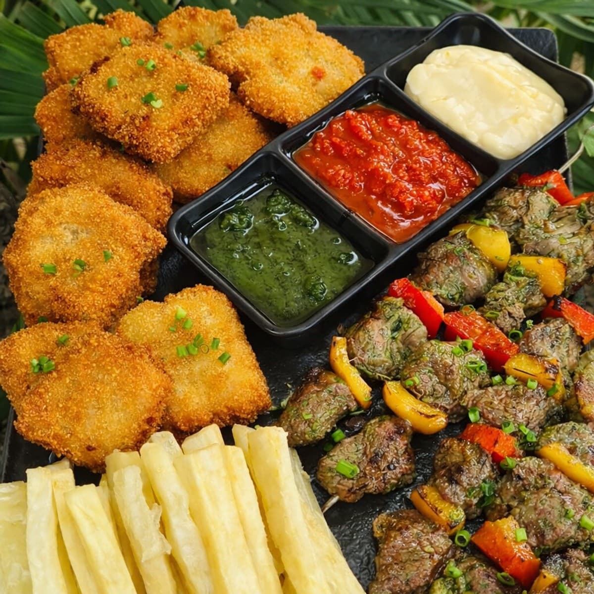 Plateau de poulet pané et brochettes de boeuf