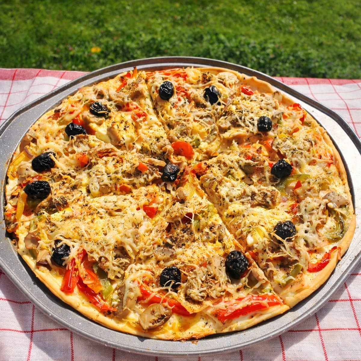 Pizza à la crème, au blanc de poulet, au fromage vache qui rit, champignons, poivrons et à l’origan