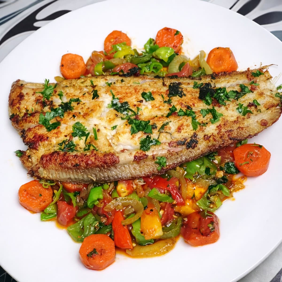 Poisson sole sur son lit de légumes.