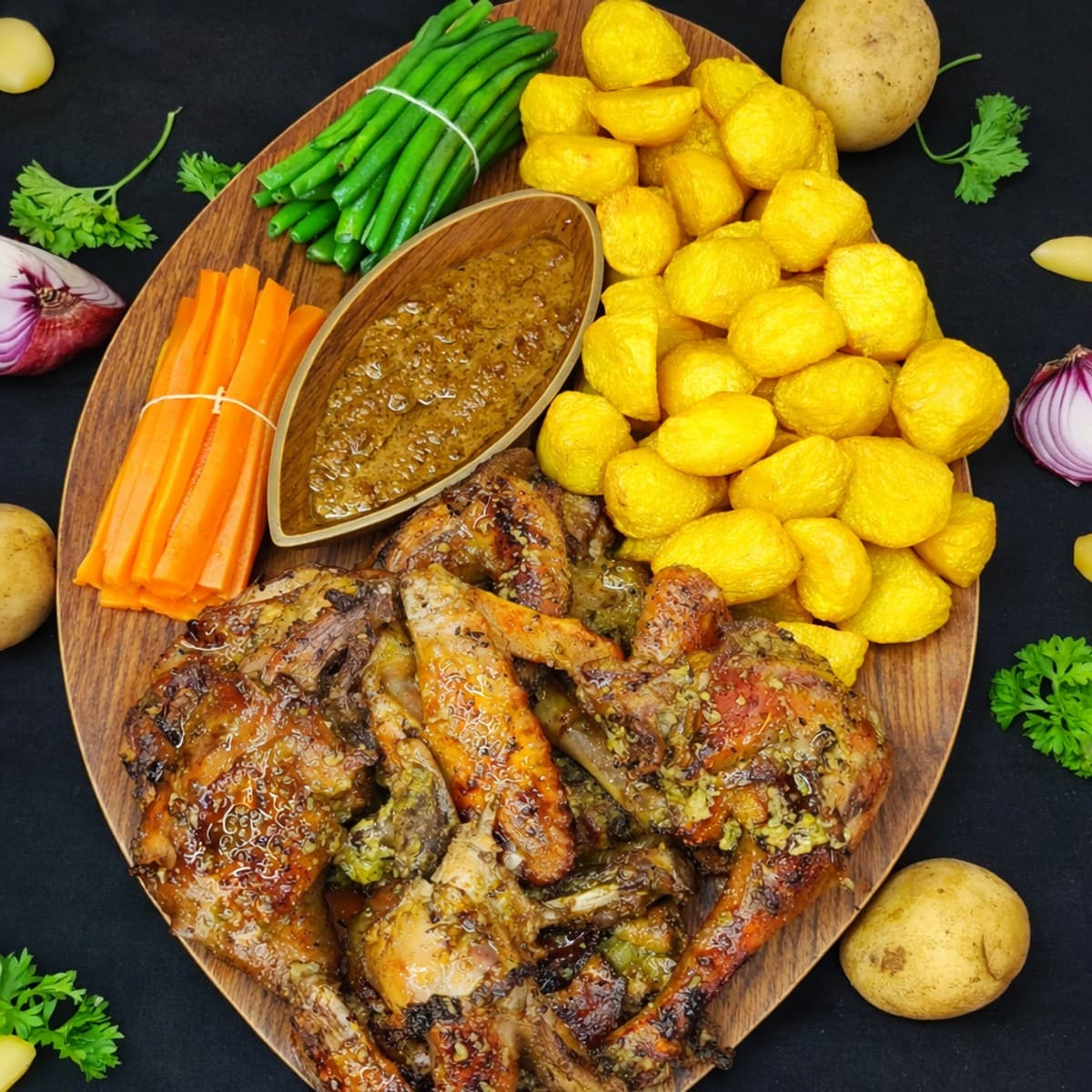 Pondeuse grillée assortie de ses fagots de légumes et pommes de terre rissolées