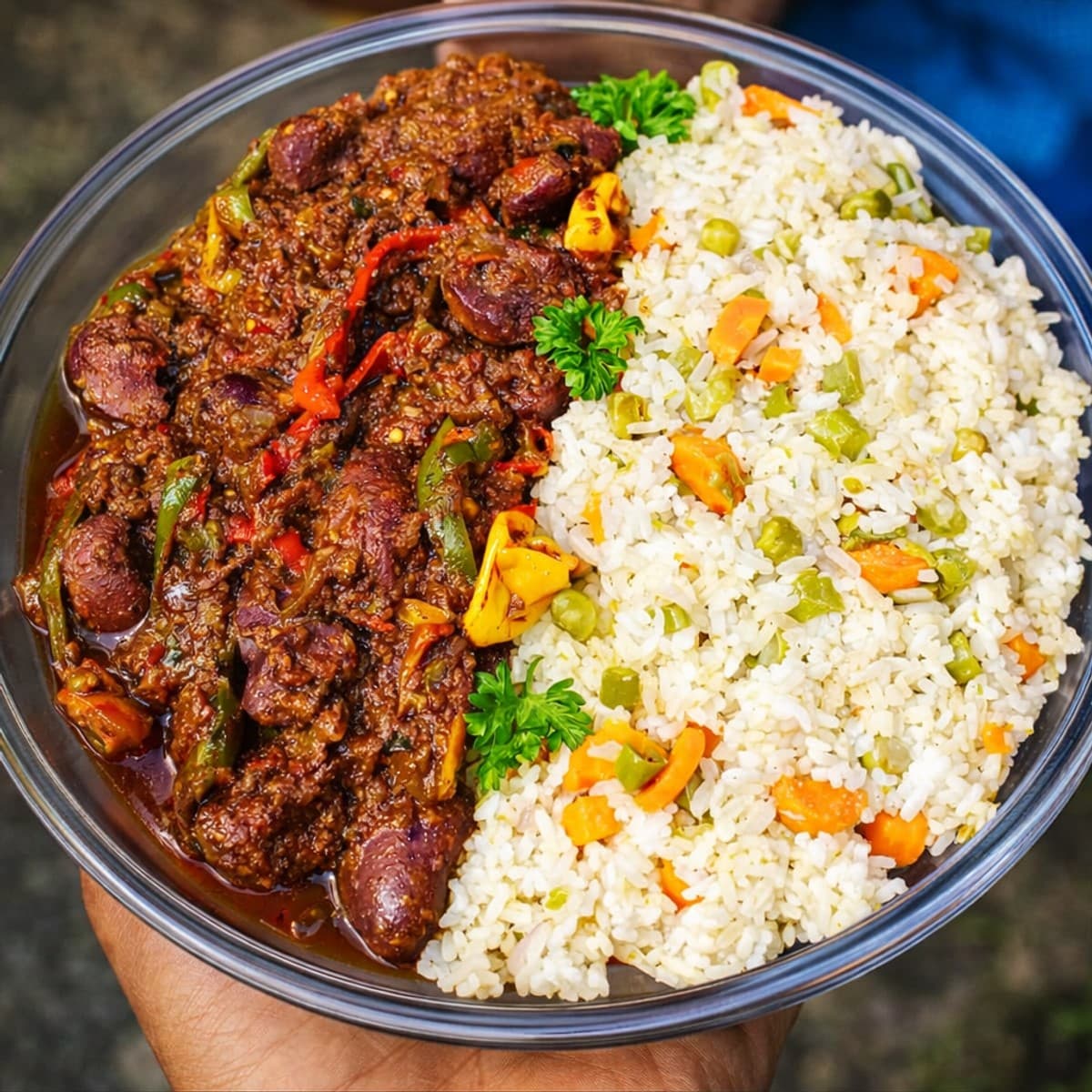 Rognons sautés aux trois poivrons et son riz sautés aux petits légumes.