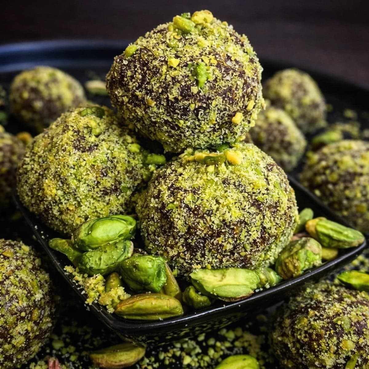 Truffes fondantes chocolat noir et pistache croquante