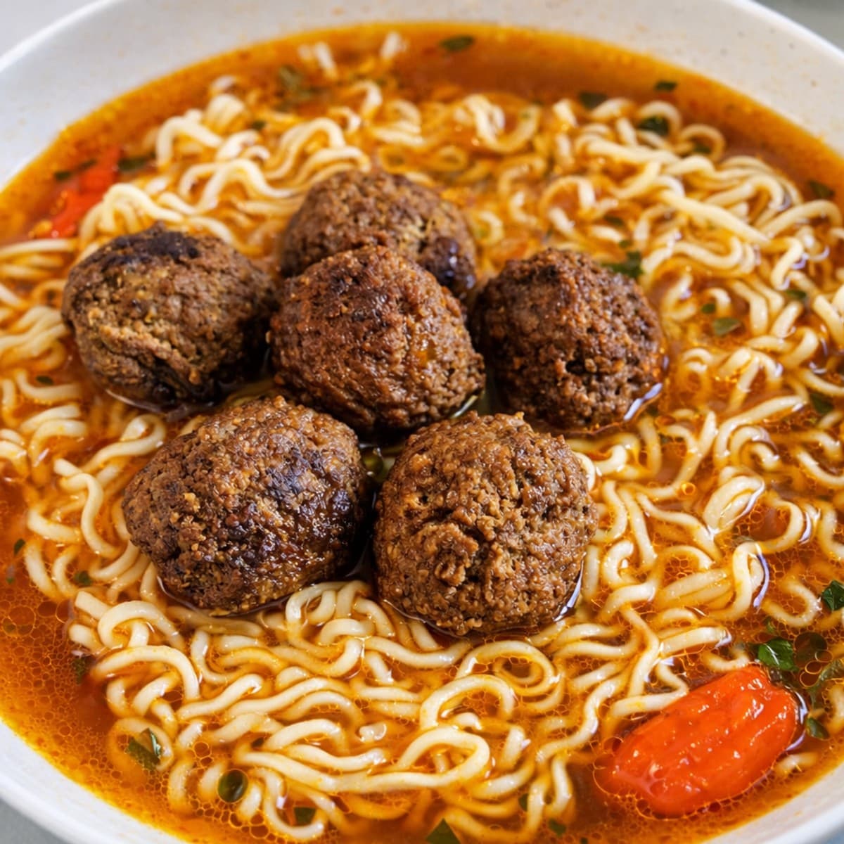 Bouillon de nouille chinois, avec des boulette de bœuf