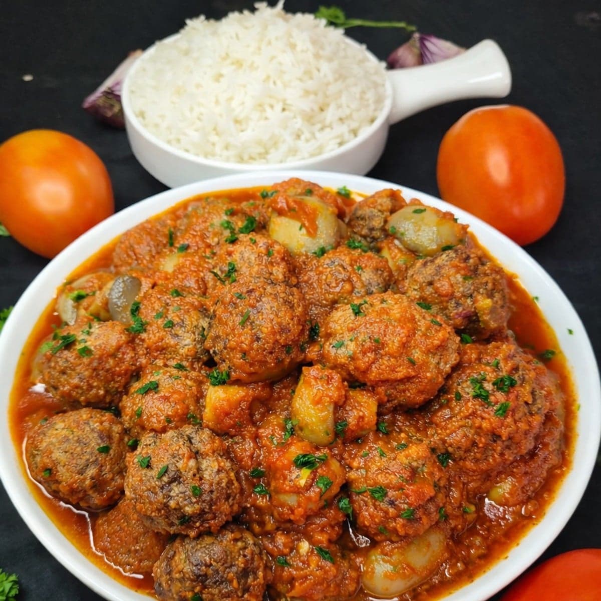 Boulettes de bœuf, et champignons de Paris à la sauce tomate
