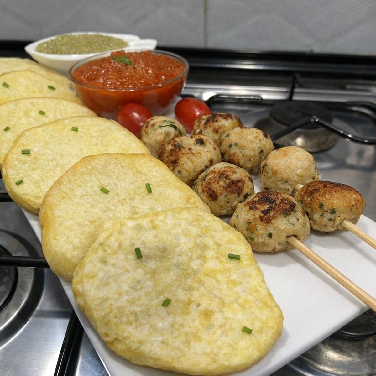 Boulettes de poulet, rondelle d igname et ses 2 sauces