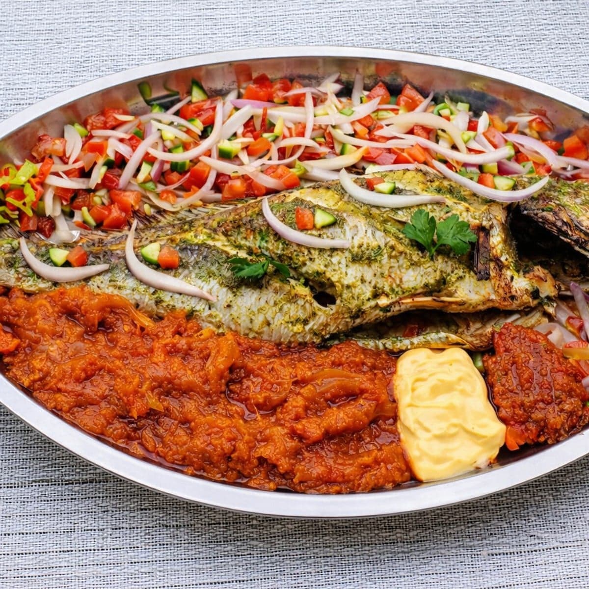 Capitaine braisé accompagné d’une petite sauce et ses crudités