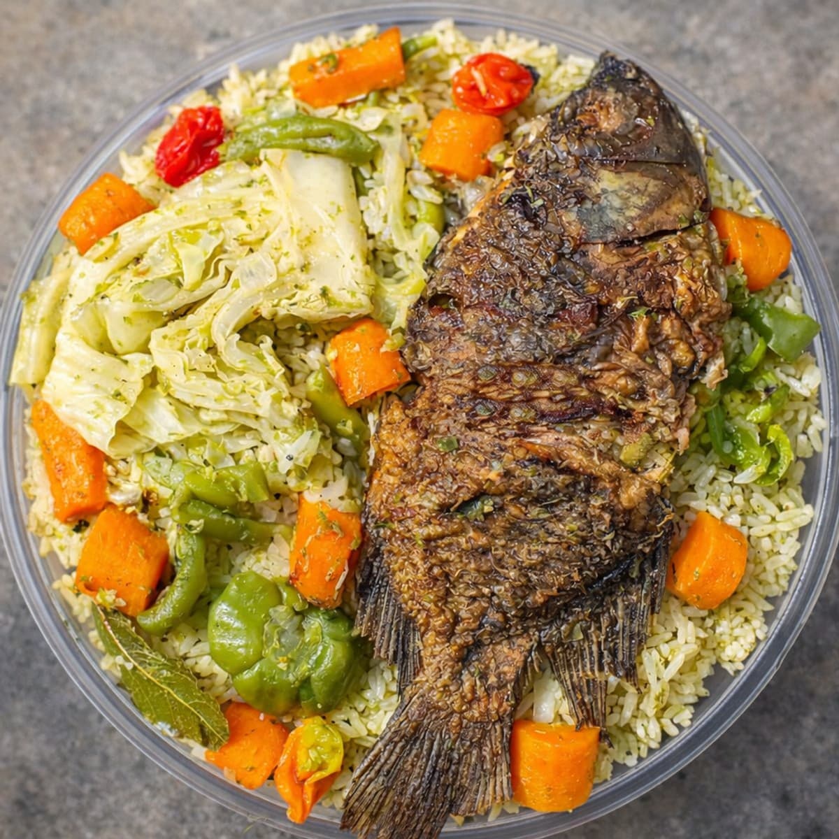 Riz gras au poisson et ses légumes