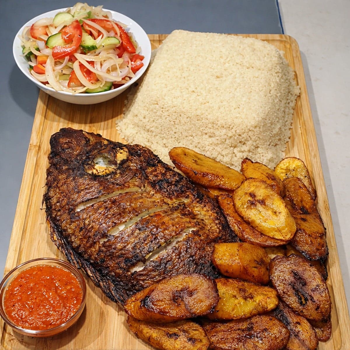 Attiéké avec poisson frit alloco et sa salade de crudités