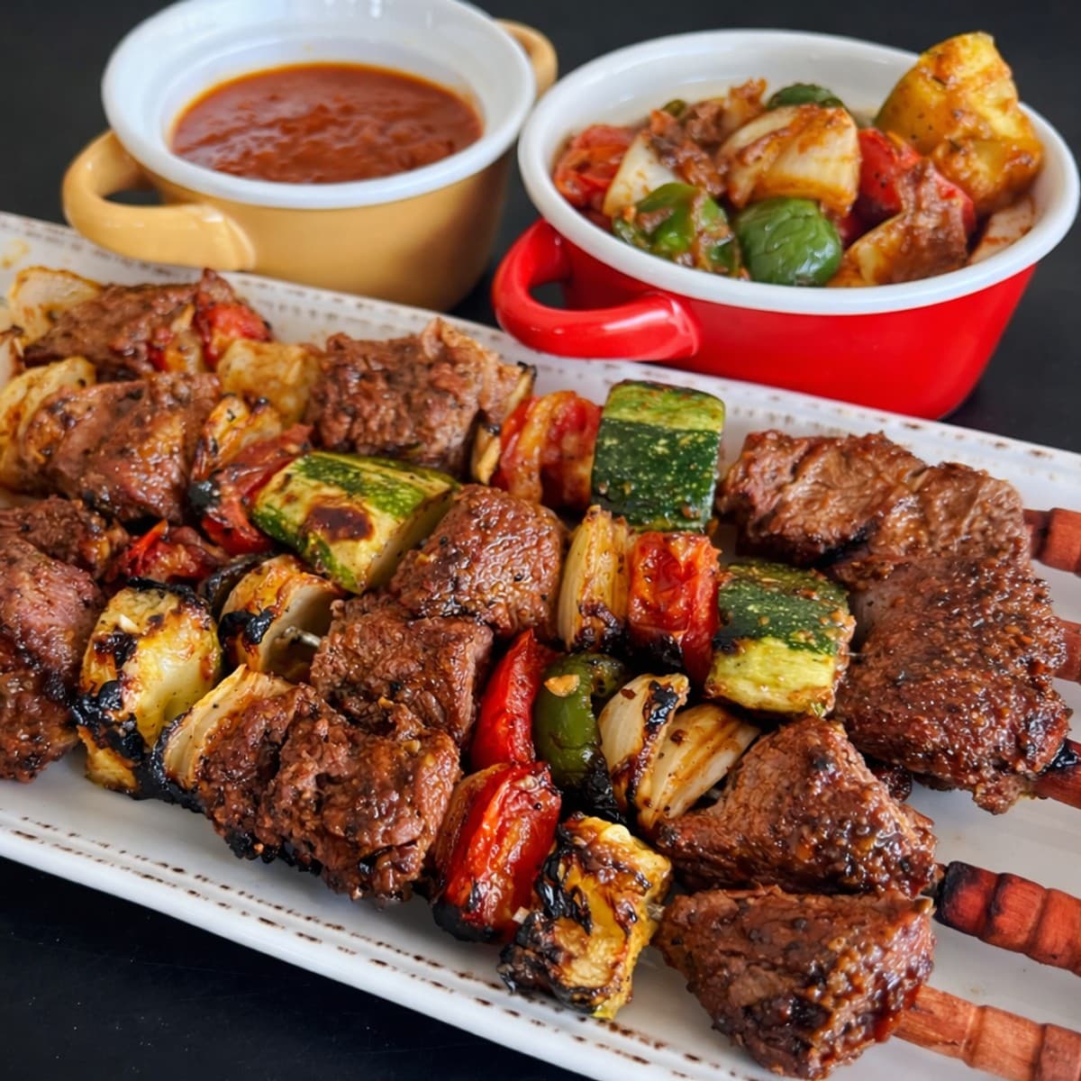 Brochettes de filet de bœuf, riz et ses 2 sauces : un festin complet