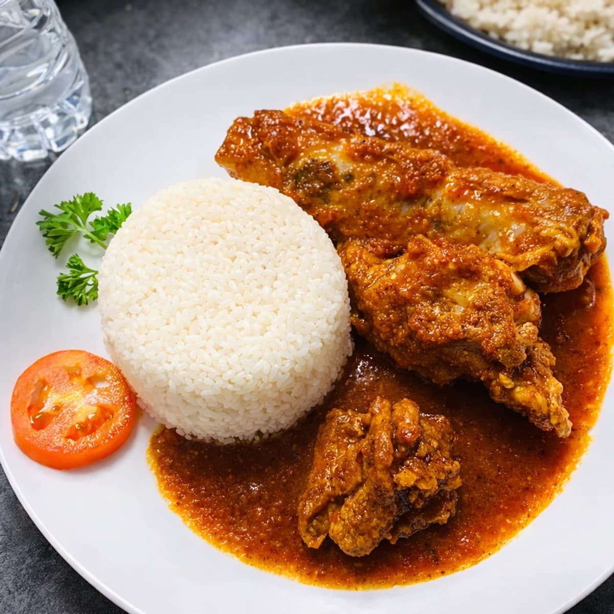 Côtelettes dans une sauce tomate accompagnées de riz