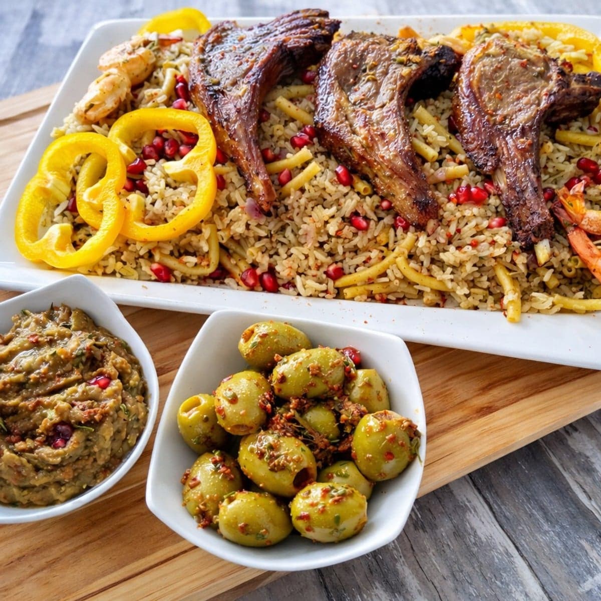 Riz au mouton mariné et crevettes