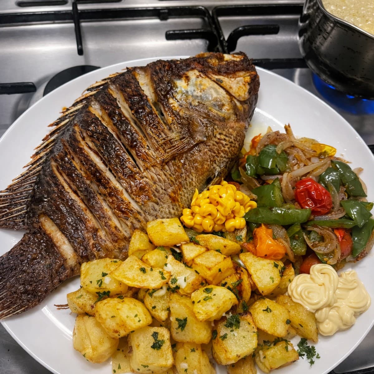 Poisson frit aux pommes de terre sautées à l’ail et au persil