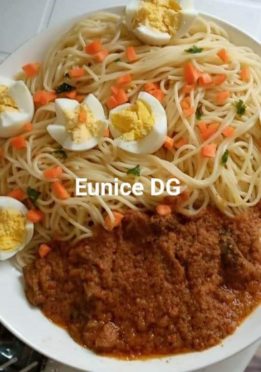 Spaghetti rognons de bœuf œufs durs