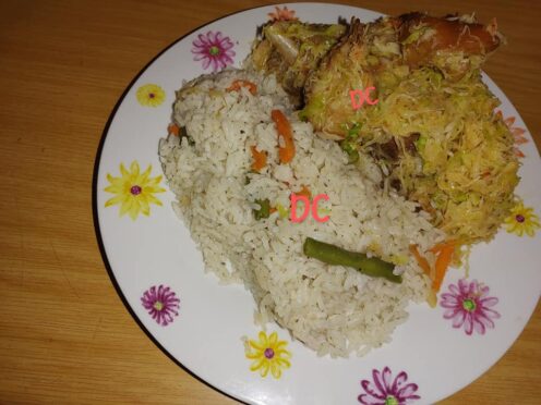 Sauté de choux au poulets , et riz parfumée aux légumes