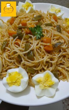 Spaghetti aux œufs durs, haricots verts et carottes 🥕